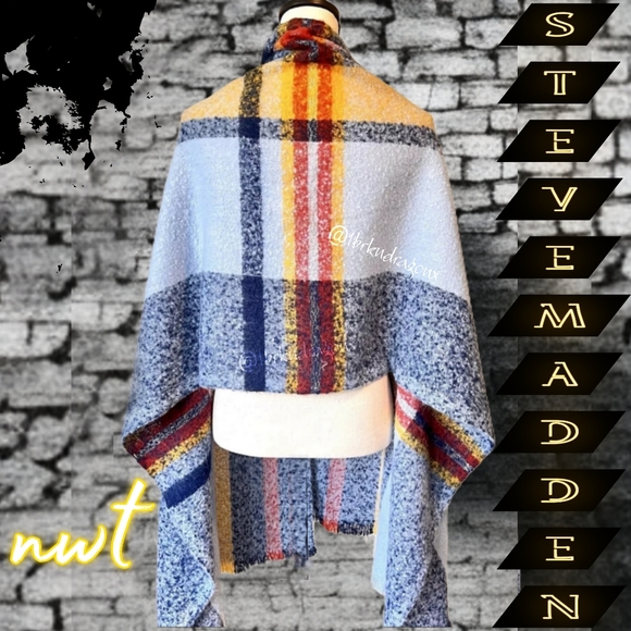 NWT Steve Madden Plaid Blanket Scarf Blue Grey White Yellow Holiday Scarf - Picture 15 of 16